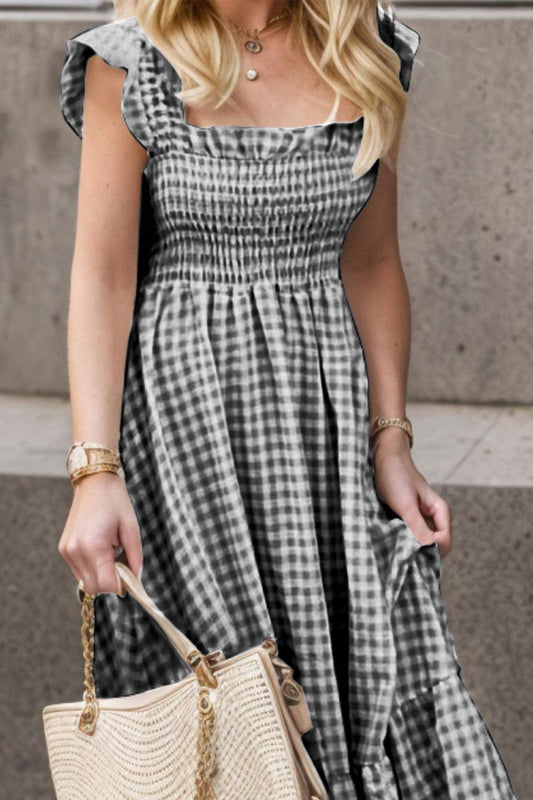 Full Size Smocked Ruffled Plaid Ruffle Hem Dress Carauana Store