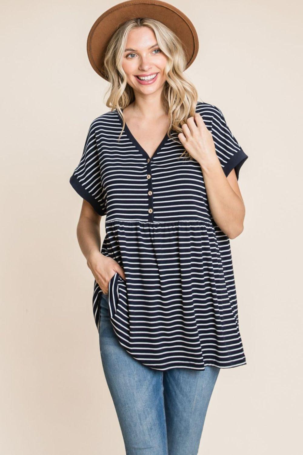 Cotton Bleu by Nu Label Striped Button Front Baby Doll Top Carauana Store