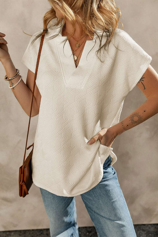 Apricot Textured V Neck Collared Short Sleeve Top CaRaUaNa Fashion