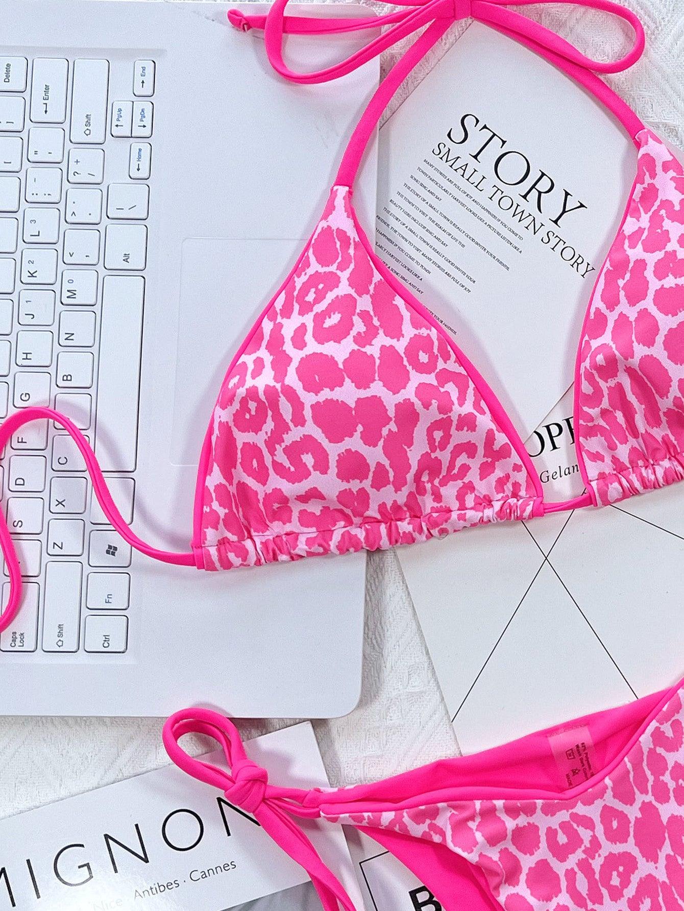Leopard Print Halter Neck Tie Side Bikini Set Carauana Store