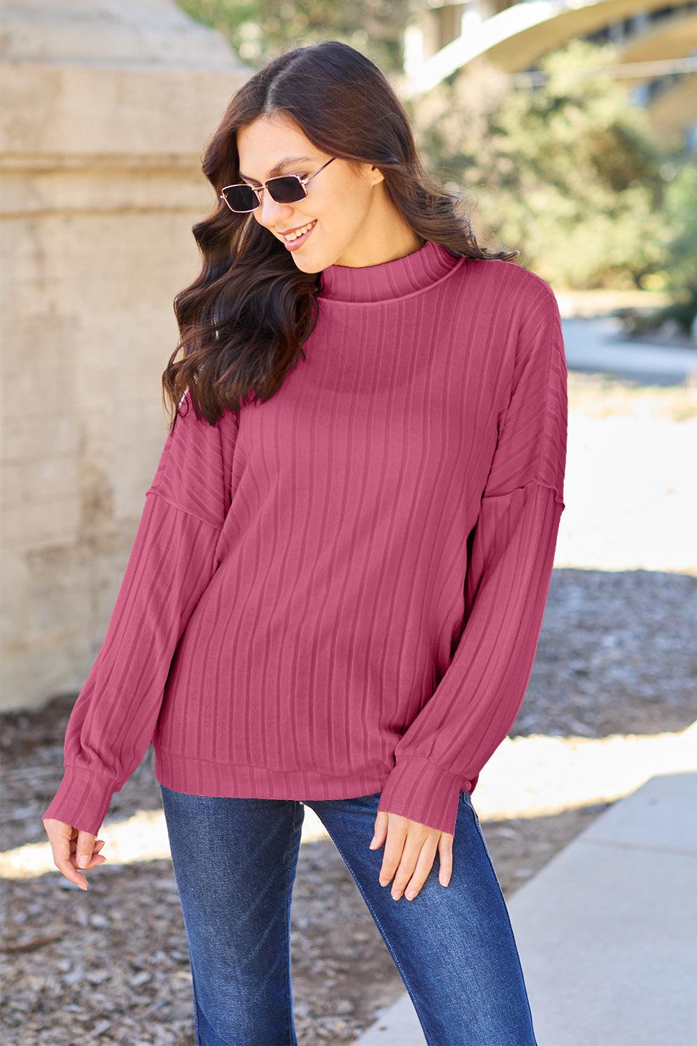Basic Bae Full Size Ribbed Exposed Seam Mock Neck Knit Top Carauana Store