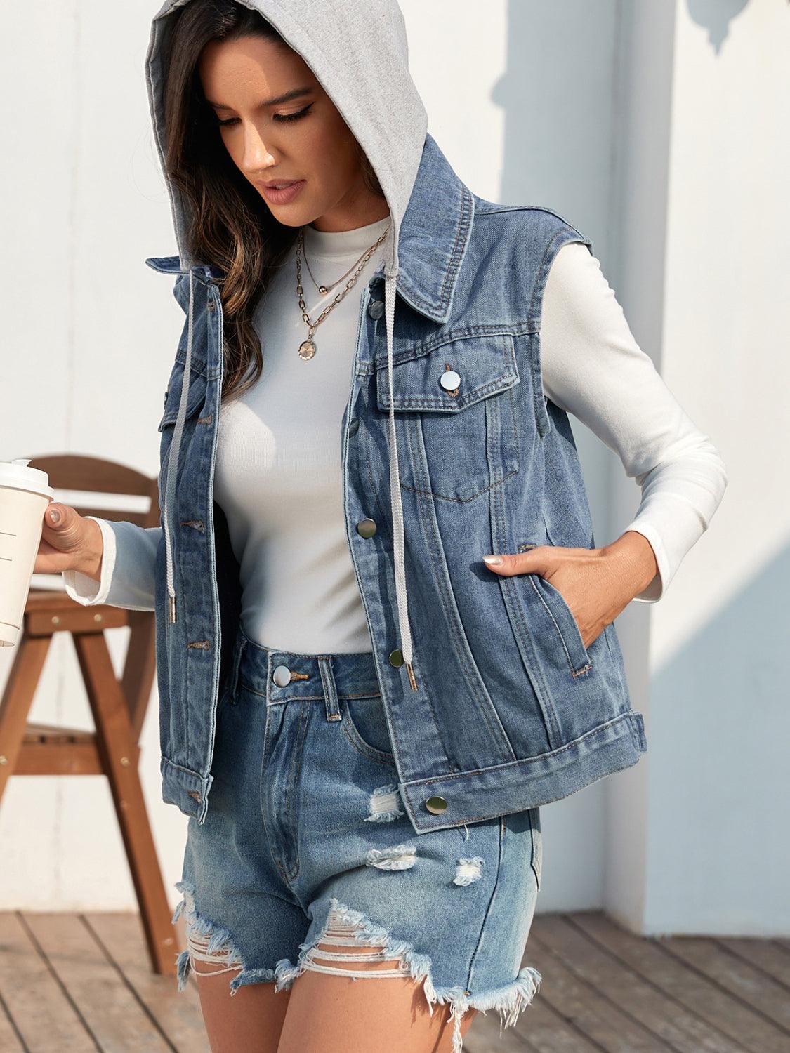 Pocketed Button Up Hooded Denim Jacket Carauana Store