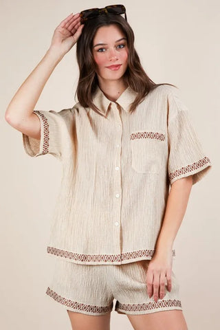 VERY J Crinkled Woven Shirt Top & Shorts Set