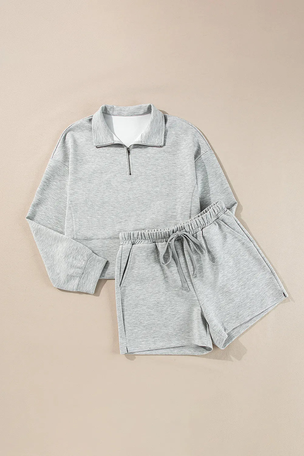 Half Zip Long Sleeve Top and Drawstring Shorts Set Carauana Store