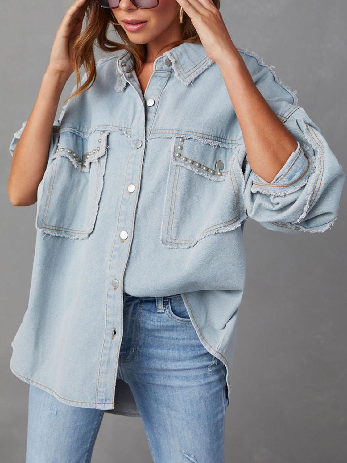 Button Down Raw Hem Denim Jacket Carauana Store