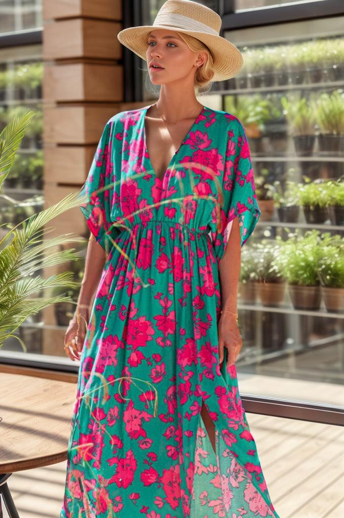 Printed V-Neck Midi Slit Dress Carauana Store