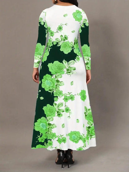 Pocketed Printed Long Sleeve Dress Carauana Store