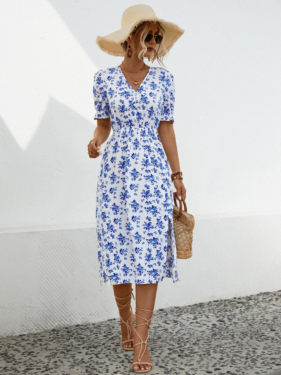 Slit Printed V-Neck Short Sleeve Dress Carauana Store