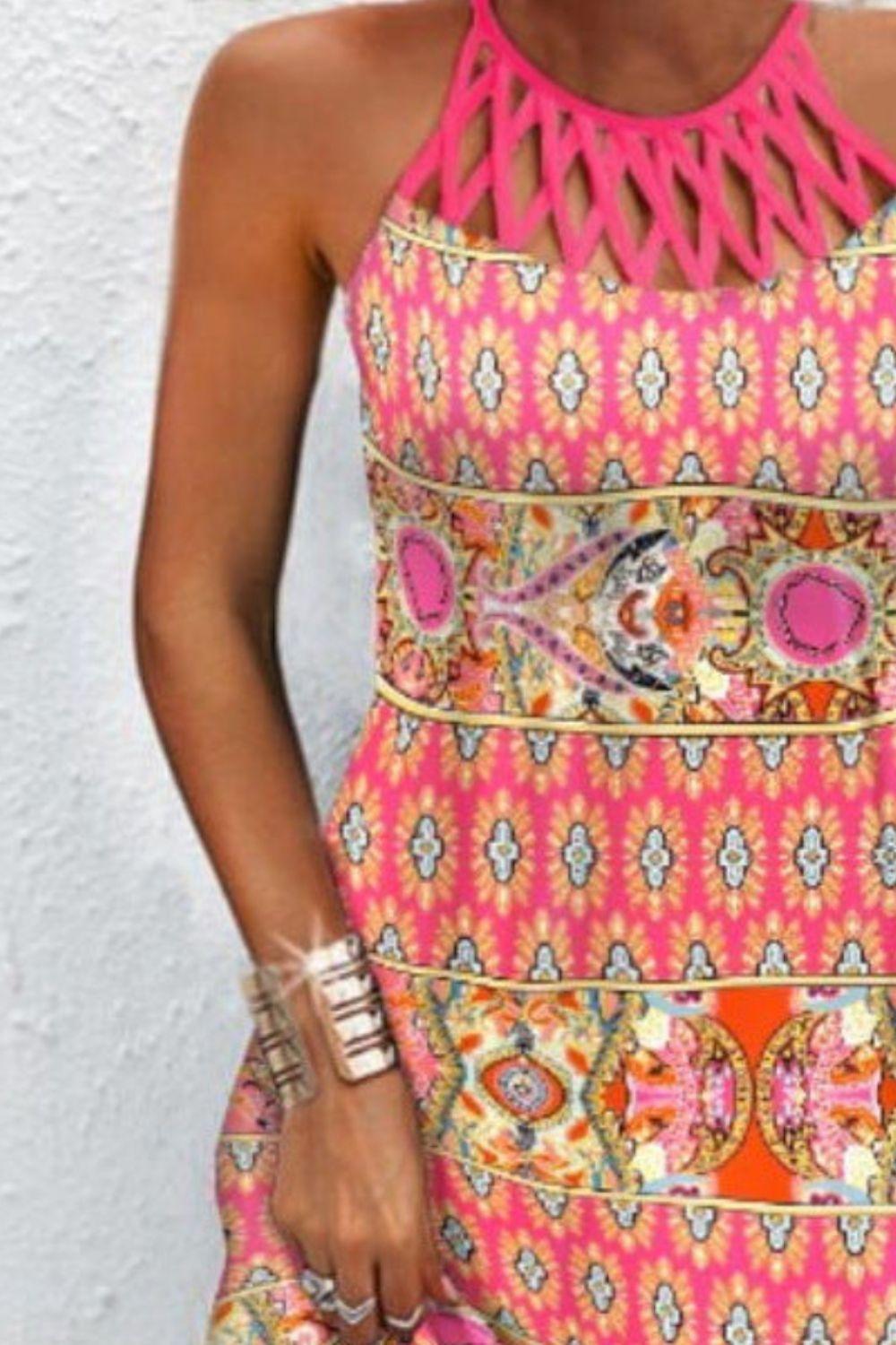 Printed Grecian Neck Mini Dress Carauana Store