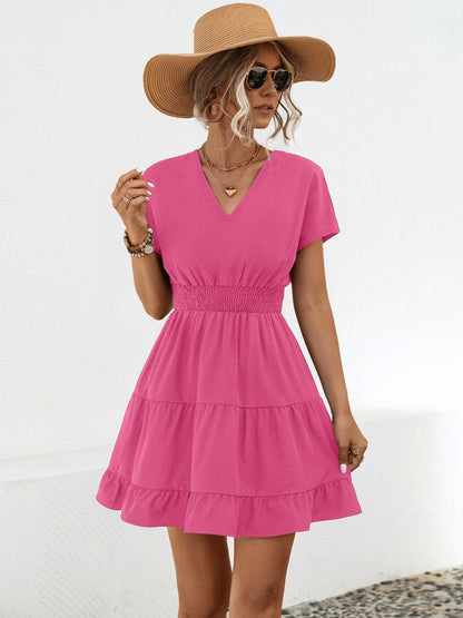 Ruffled Smocked V-Neck Tiered Dress Carauana Store