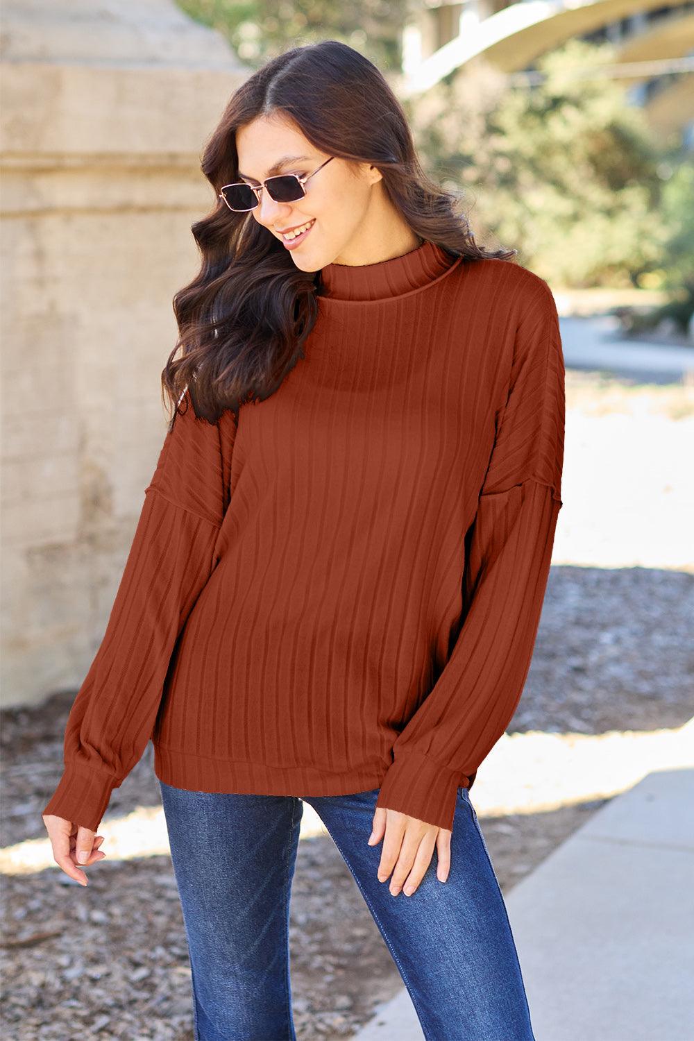 Basic Bae Full Size Ribbed Exposed Seam Mock Neck Knit Top Carauana Store