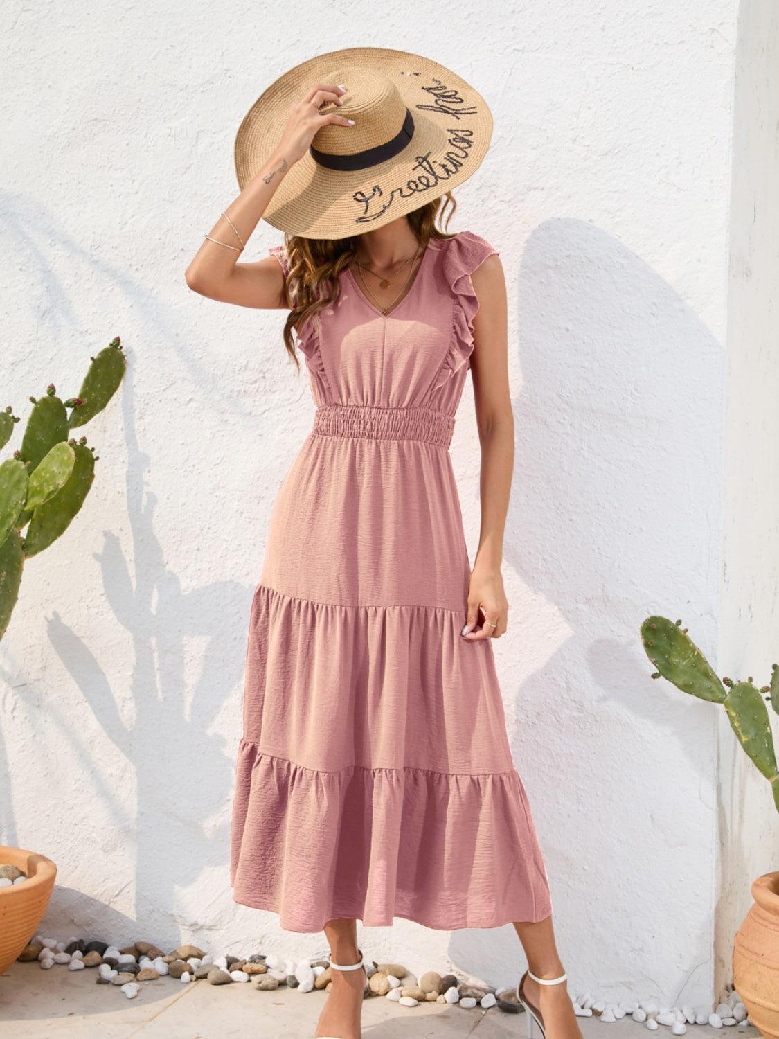 Tiered Ruffled V-Neck Cap Sleeve Dress Carauana Store