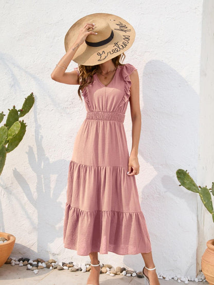 Tiered Ruffled V-Neck Cap Sleeve Dress Carauana Store