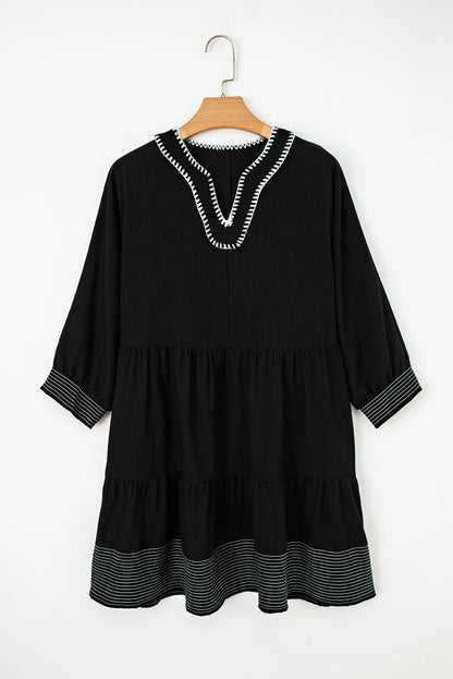 Black Contrast Stitched V Neck 3/4 Sleeve Tiered Mini Dress