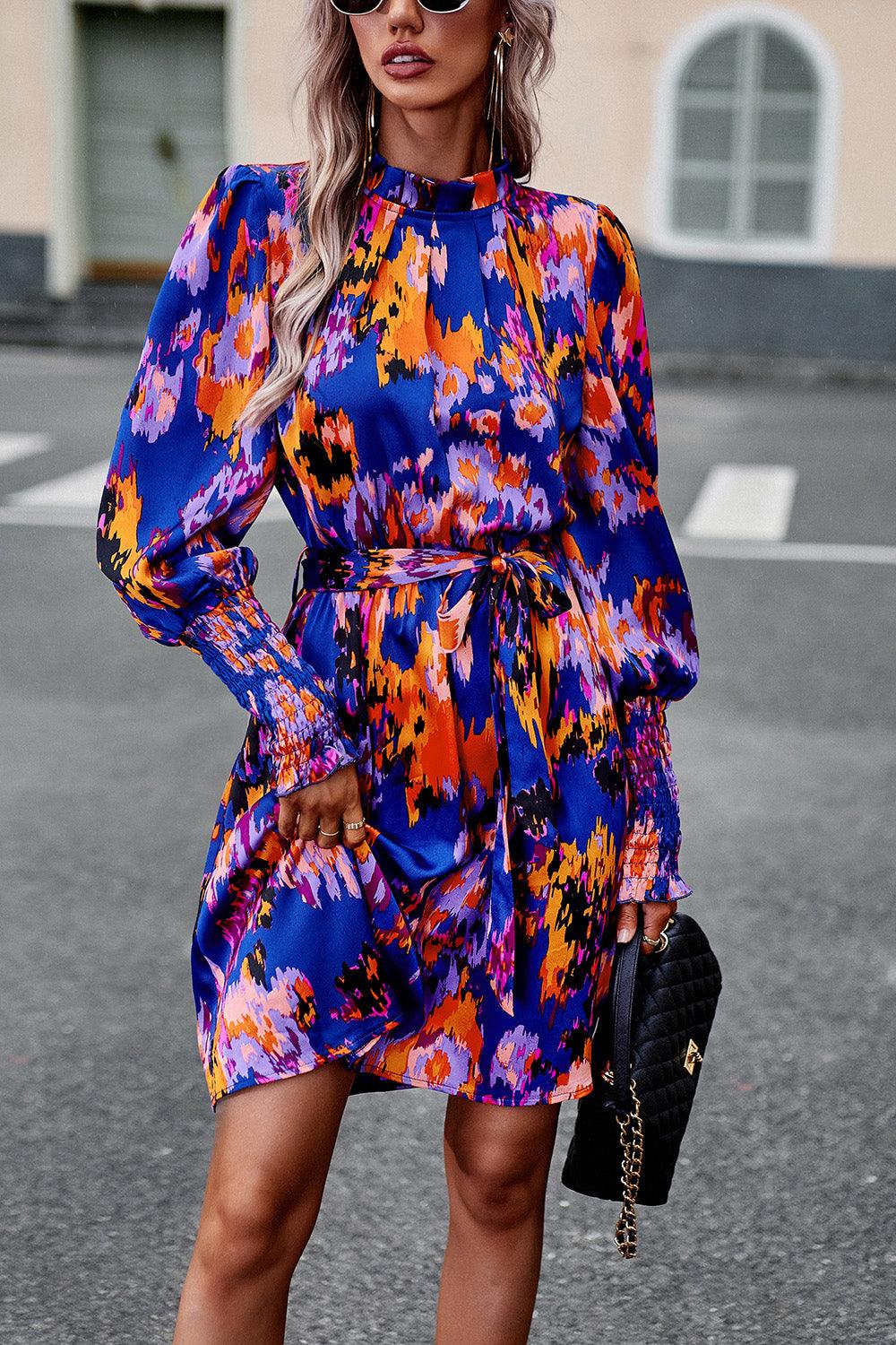 Printed Tie Waist Mock Neck Lantern Sleeve Dress Carauana Store