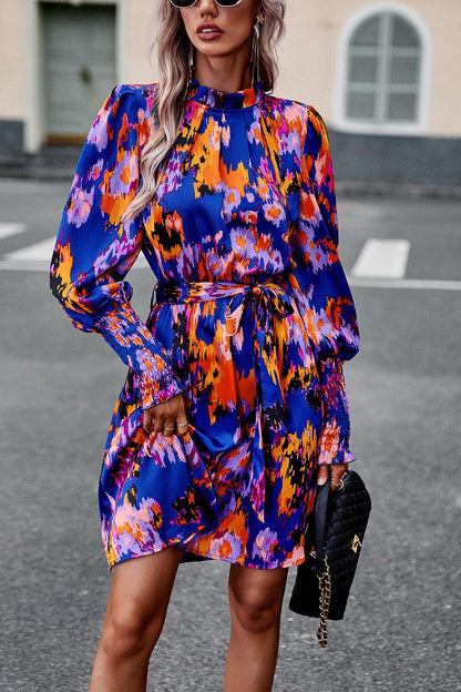 Printed Tie Waist Mock Neck Lantern Sleeve Dress Carauana Store