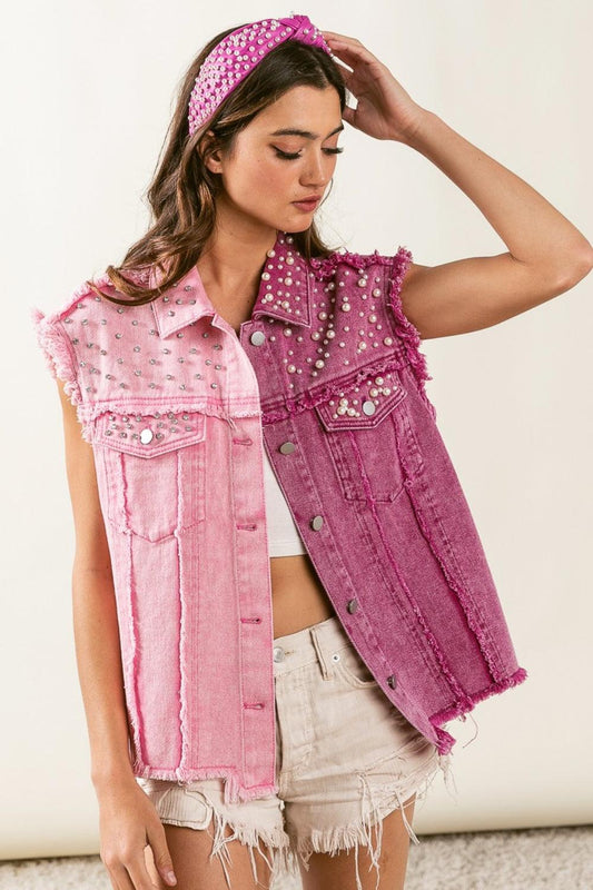 BiBi Pearl & Rhinestone Decor Contrast Raw Hem Vest Coat Carauana Store