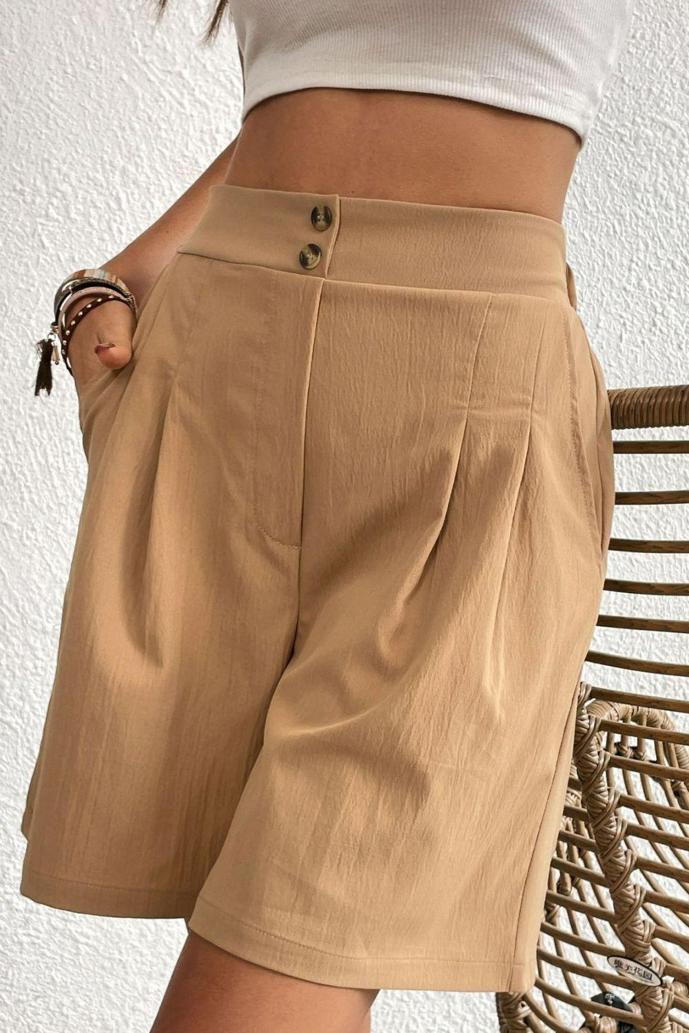 Buttoned Elastic Waist Pleated Detail Shorts Carauana Store