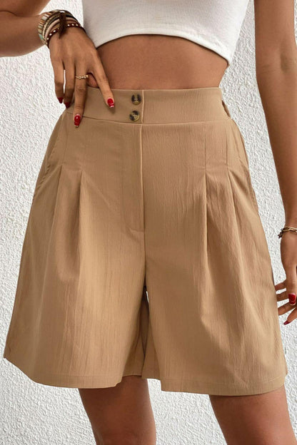 Buttoned Elastic Waist Pleated Detail Shorts Carauana Store