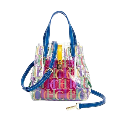 Multicolored handbag with blue straps