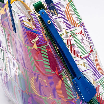 Colorful handbag with a blue strap