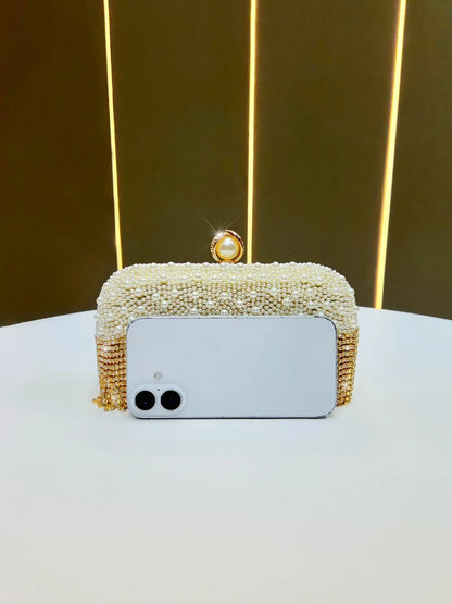 Carauana Pearl Clutch Purse golden with Phone beaded.