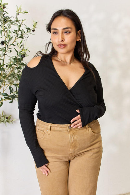 Culture Code Full Size Ribbed Surplice Cold Shoulder Top Carauana Store