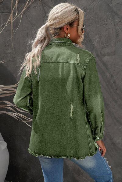 Distressed Button Up Raw Hem Denim Jacket Carauana Store