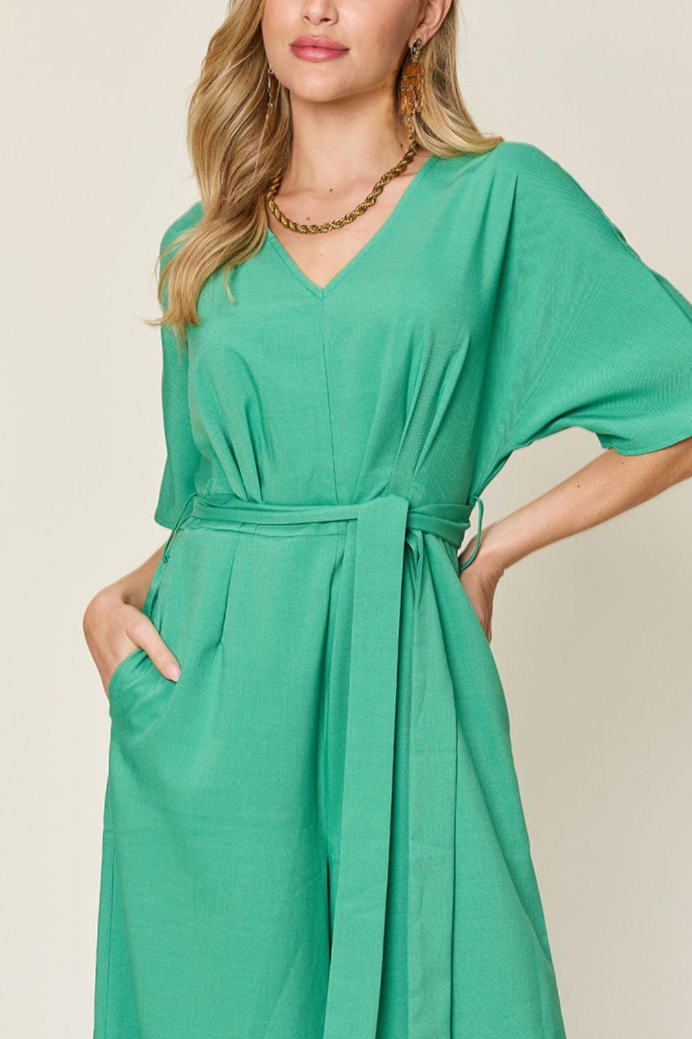 Double Take Full Size V-Neck Tie Front Short Sleeve Slit Jumpsuit