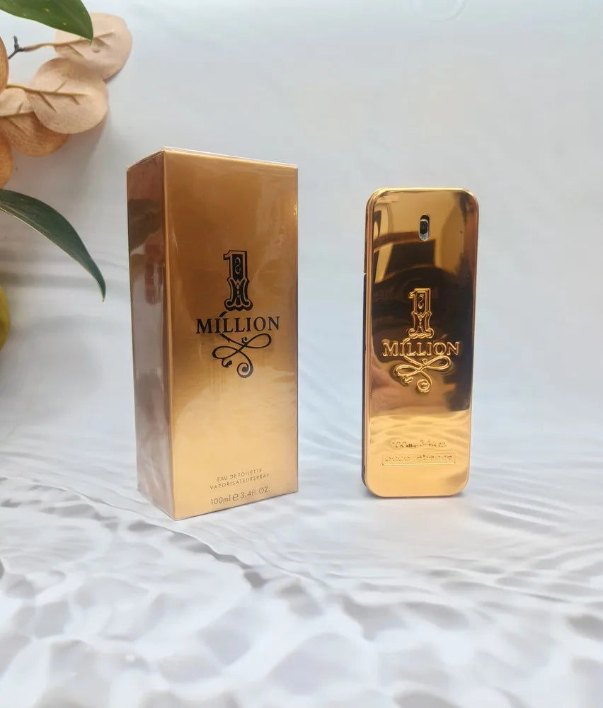 Gold '1 Million' perfume bottle and packaging on a white surface