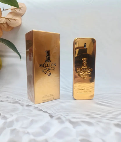Gold '1 Million' perfume bottle and packaging on a white surface