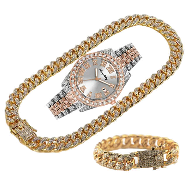 Gold and rose gold watch with diamond-encrusted chain