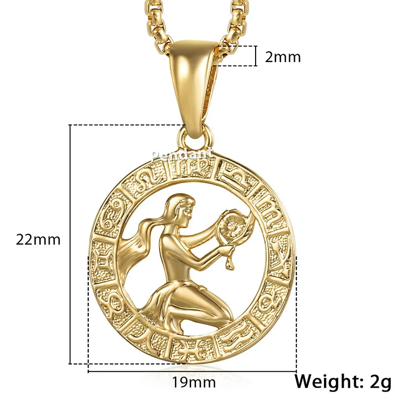 Gold pendant with measurements on a white background