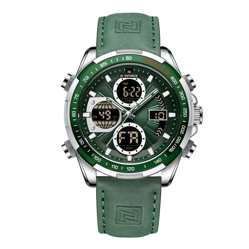 Green Naviforce watch with digital and analog display