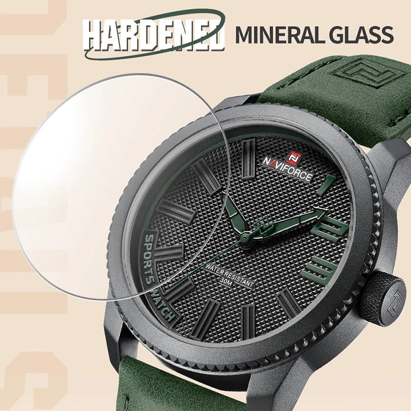 Green watch with a clear screen protector labeled 'Harden' 