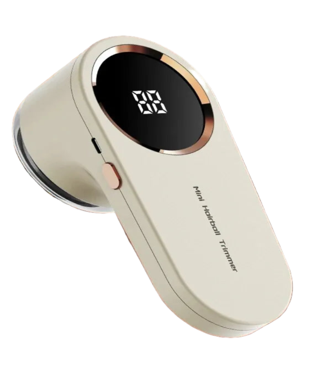 Hairball trimmer with digital display on a brown background