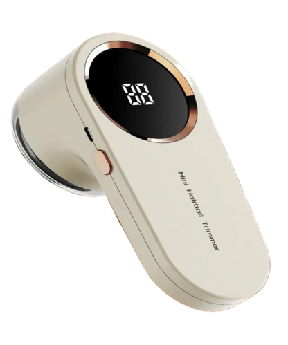 Hairball trimmer with digital display on a brown background
