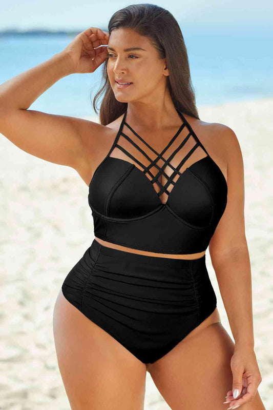 Halter Neck Crisscross Ruched Two-Piece Swimsuit Carauana Store