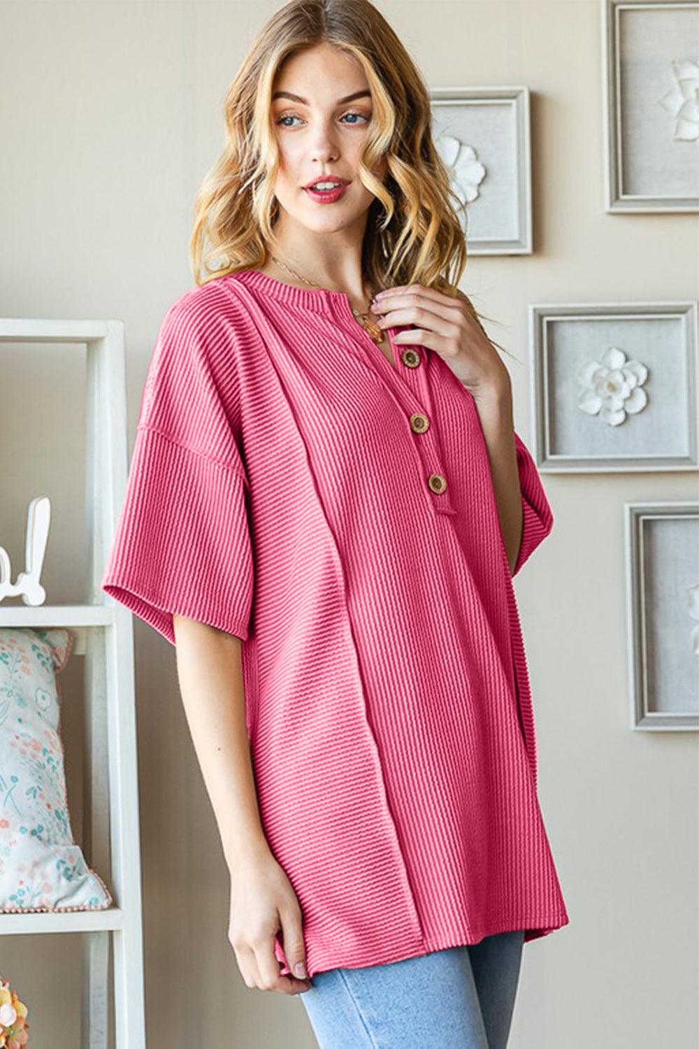 Heimish Full Size Ribbed Half Button Drop Shoulder Top Carauana Store
