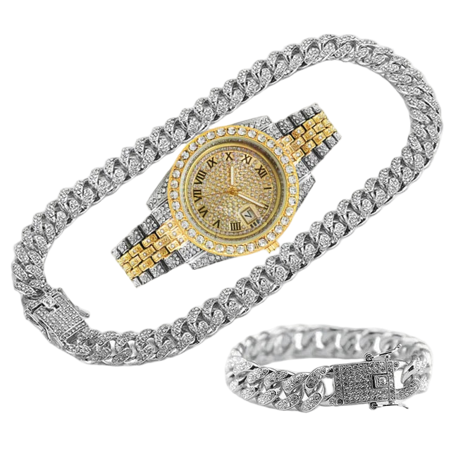 Luxury watch with diamond-studded band on a white background