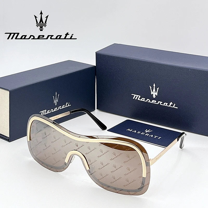 Maserati sunglasses with branded box on a white background