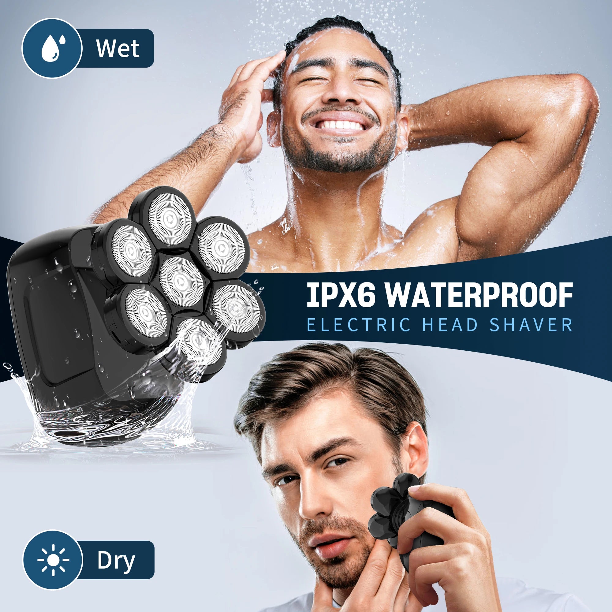 IPX6 waterproof electric head shaver with a man using it and another man rinsing his head.