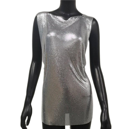 Mini Dress Crew Neck Metalic Split Mesh Harness Body Chain Nightclub Party