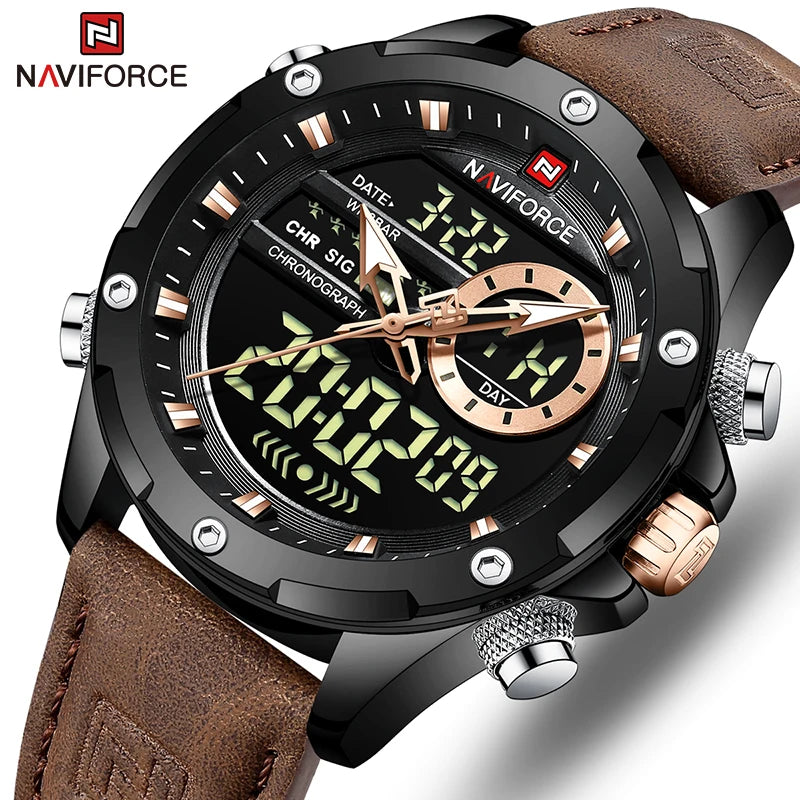 Naviforce watch with brown leather strap and black digital display on a white background