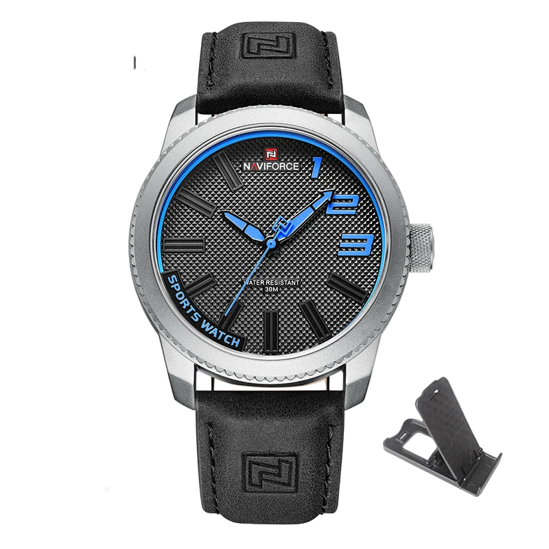 Naviforce watch with black leather strap and blue dial on a white background