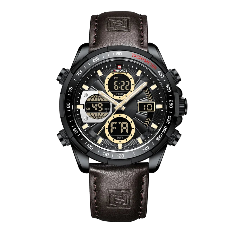 Naviforce watch with brown leather strap and black dial