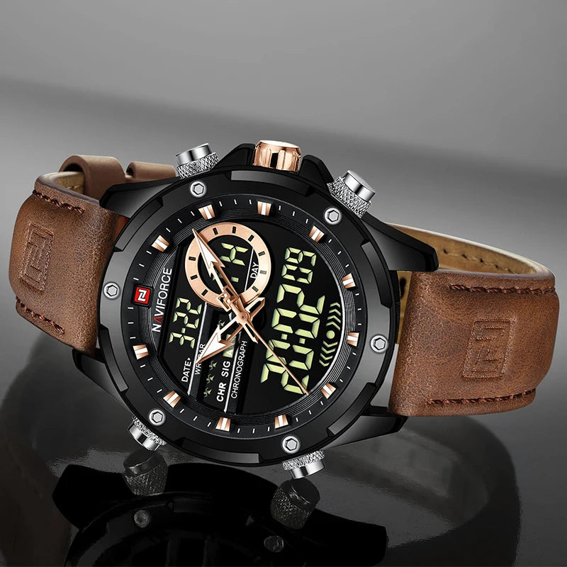 Wristwatch with brown leather strap and black digital display on gray background