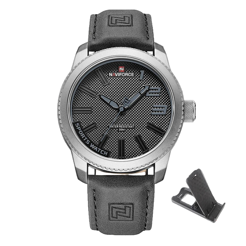 Naviforce watch with gray strap and black face on a white background