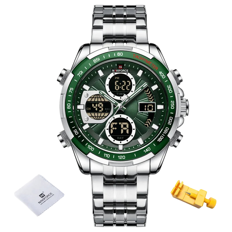 Naviforce watch with green dial and silver strap