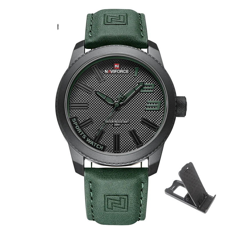 Naviforce watch with green leather strap and black dial